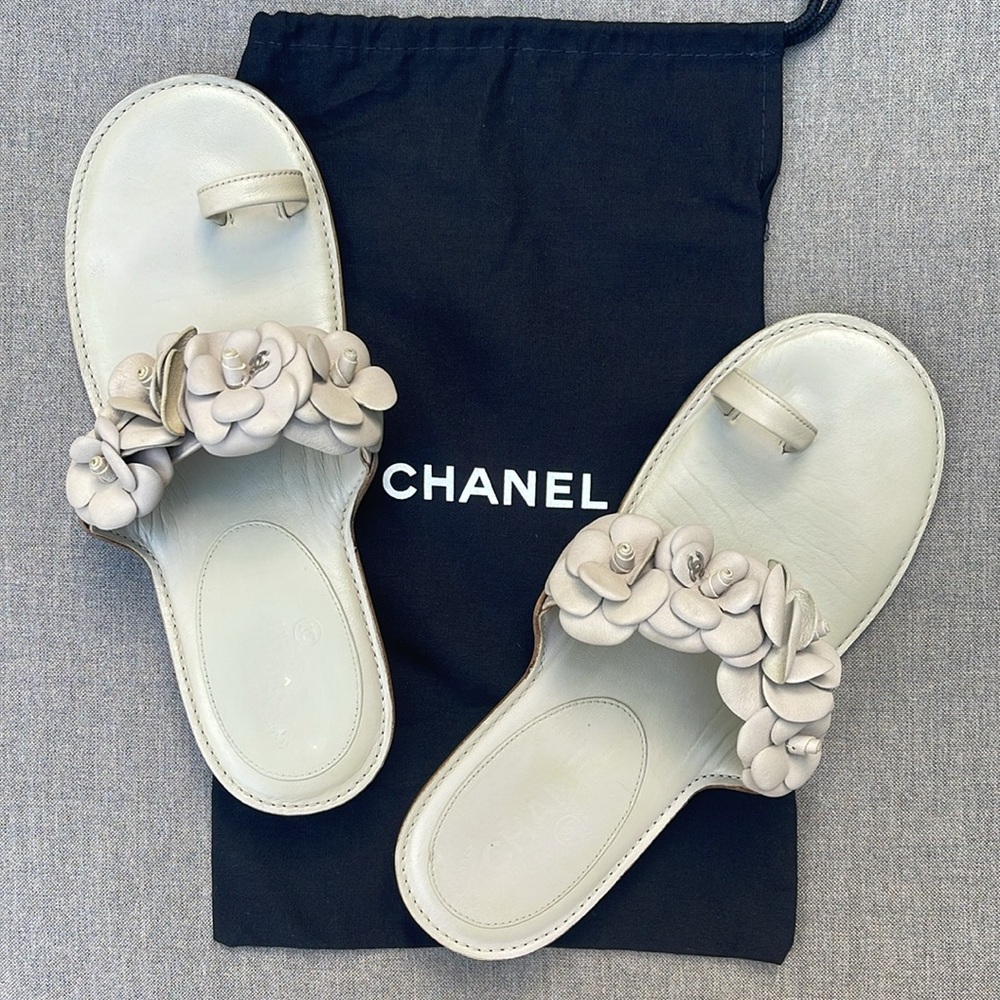 CHANEL Leather Camellia Sandals with Silver CC accents